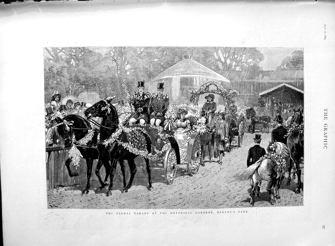 Original Old Antique Print 1889 Floral Parade Botanical Gardens Regent'S Park
