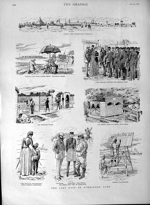 Old Antique Print 1889 Wimbledon Camp Rifle Shooting Sport Revolver Range 19th