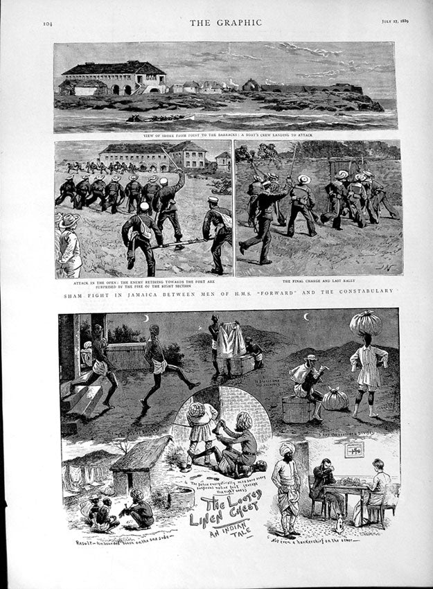 Original Old Antique Print 1889 Sham Fight Jamaica H.M.S Forward India Natives
