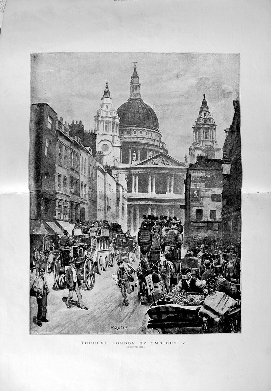Old Antique Print 1889 London Omnibus Ludgate Hill Dunstans Bank England 19th