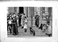Original Old Antique Print 1889 Army Navy Stores Steps Dogs People Victorian