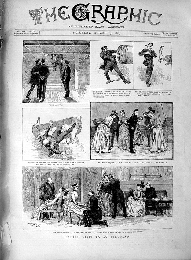 Original Old Antique Print 1889 Ladies Visiting Ironclad Ship War Lieutenant