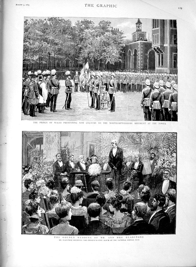 Original Old Antique Print 1889 Prince Wales Northamptonshire Wedding Gladstone