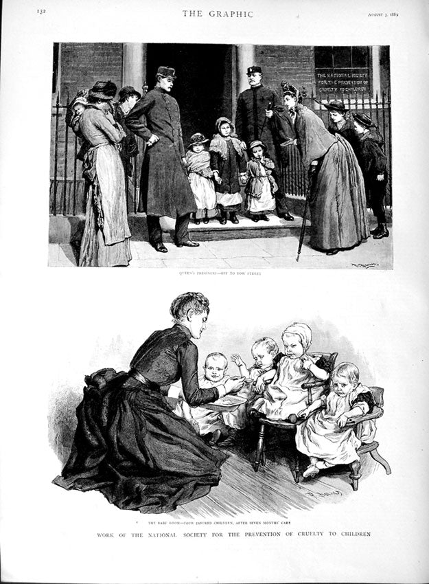 Original Old Antique Print 1889 N.S.P.C.C Children Baby Room Policeman 19th