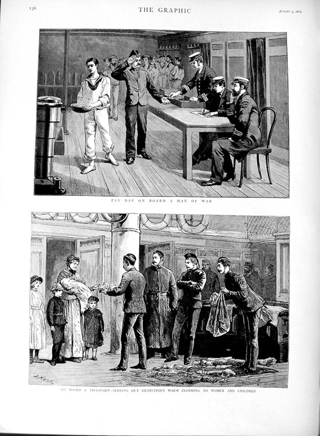 Original Old Antique Print 1889 Man War Ship Free Warm Clothing Men Women 19th