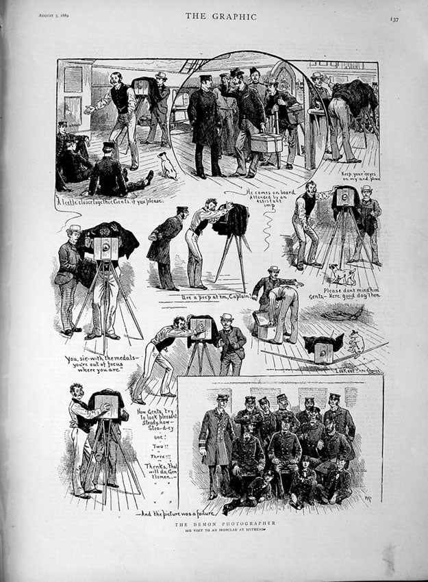 Original Old Antique Print 1889 Photographer Spithead War Ships Navy Officers
