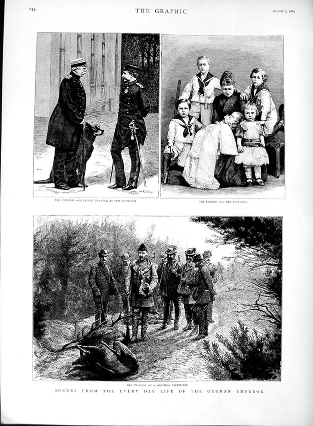 Original Old Antique Print 1889 German Emperor Hunting Friedrichsruh Bismarck
