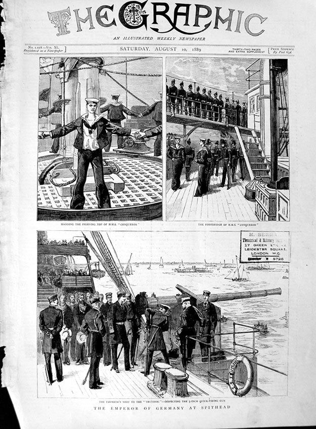 Old Antique Print 1889 Emperor Germany Spithead Ships Conqueror Teutonic 19th