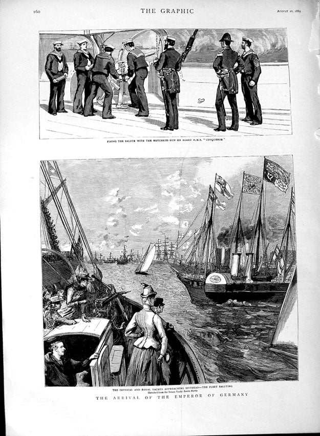 Original Old Antique Print 1889 Emperor Germany Ships H.M.S Conqueror Spithead