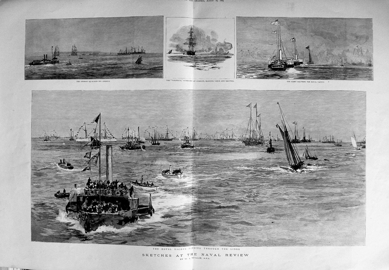 Old Antique Print 1889 Navy Review Royal Yacht Osborne Valorous Wyllie 19th
