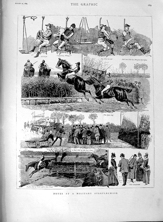 Old Antique Print 1889 Military Steeplechase Horse Racing Jumping Sport 19th