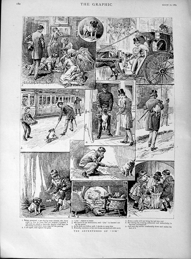 Old Antique Print 1889 Scenes Adventures Jim Bulldog Puppy Train Horses 19th