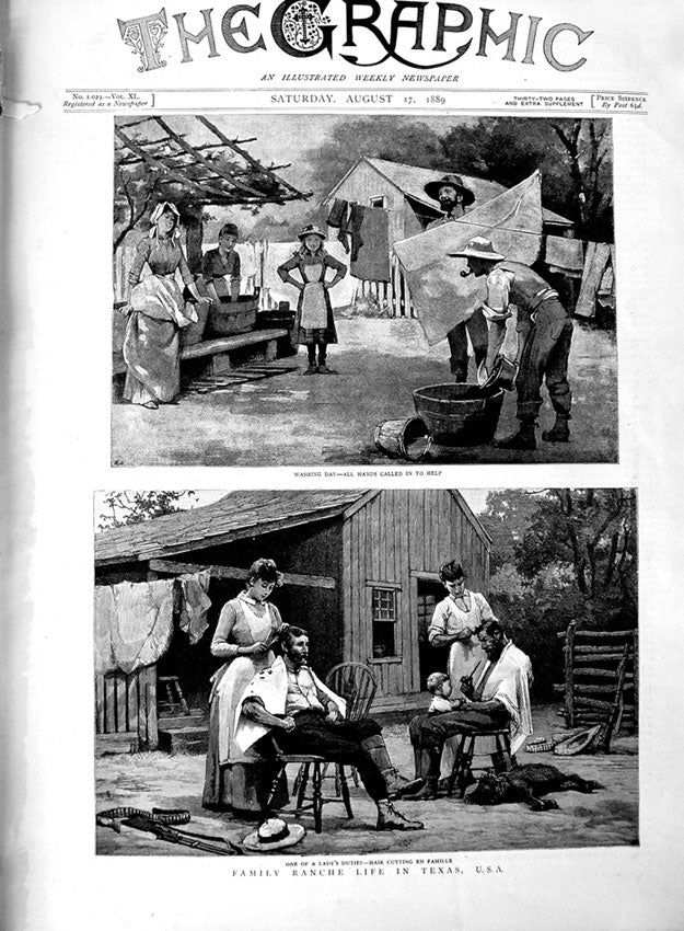 Old Antique Print 1889 Family Ranch Life Texas America Hair Cutting Wash 19th