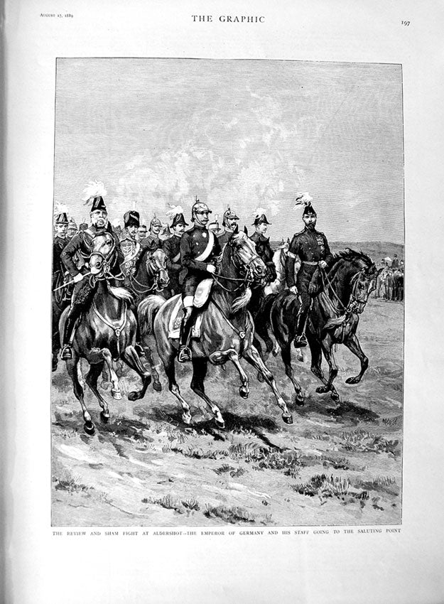 Old Antique Print 1889 Sham Fight Aldrshot Emperor Germany Officers War 19th