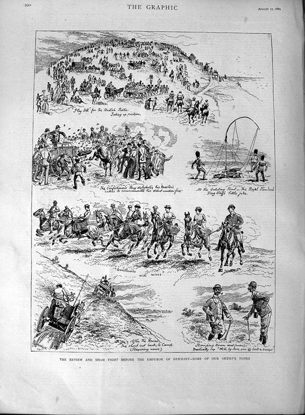 Original Old Antique Print 1889 Sham Fight Emperor Germany Siers War Horses