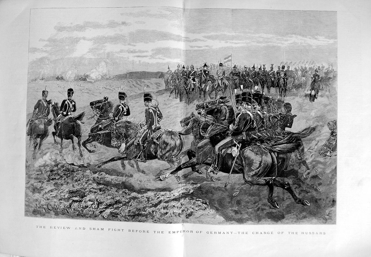 Old Antique Print 1889 Review Sham Fight Emperor Germany Charge Hussars 19th