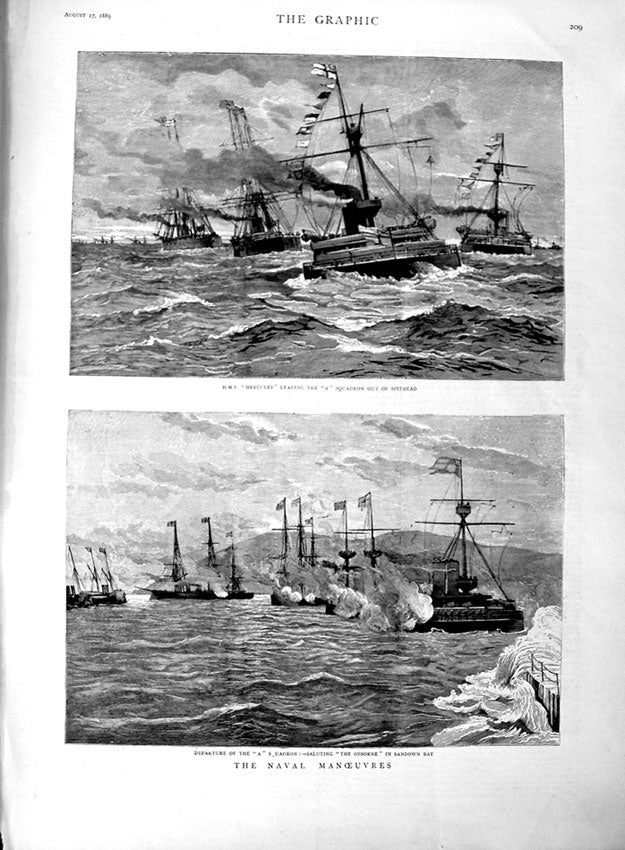 Old Antique Print 1889 Navy Manoeuvres Ship Osborne Hercules Spithead War 19th