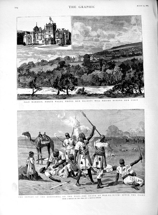 Original Old Antique Print 1889 Pale Mansion Wales Dervishes Nile Wad-El-Njumi