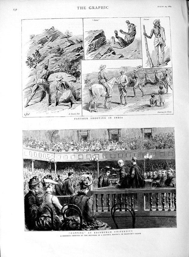 Old Antique Print 1889 Panther Hunting India Capping Edinburgh University 19th