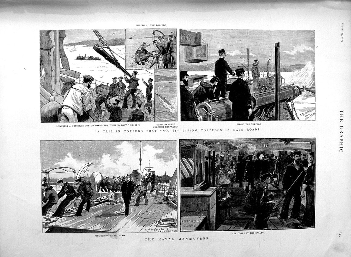 Old Antique Print 1889 Navy Manoeuvres Spithead Cooks Torpedo Boat No. 60 19th