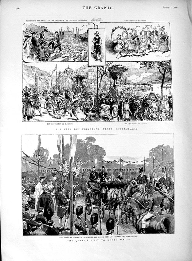 Old Antique Print 1889 Fete Des Vignerons Switzerland Queen Wales Wrexham 19th