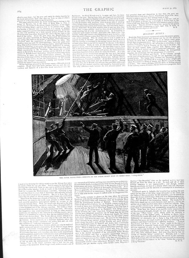 Old Antique Print 1889 Navy Manoeuvres Steam Picket Boat Ship Conqueror 19th