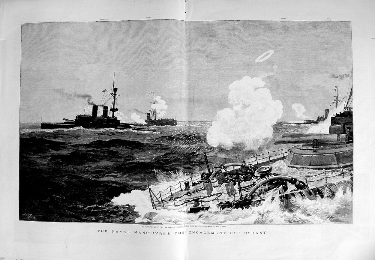 Original Old Antique Print 1889 Navy Manoeuvres Ushant Camperdown Ships Hero