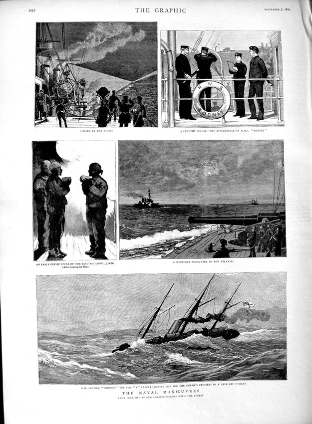 Original Old Antique Print 1889 Navy Manoeuvres Ship Cruiser Ushant Rodney War