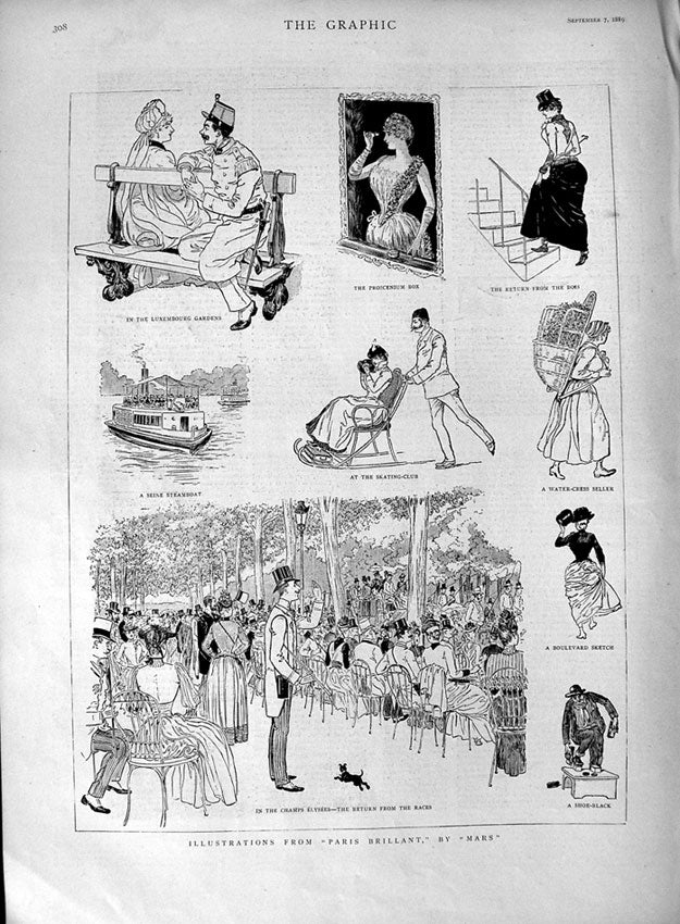 Old Antique Print 1889 Paris Champs Elysees Seine Steamboat Franc Scenes 19th