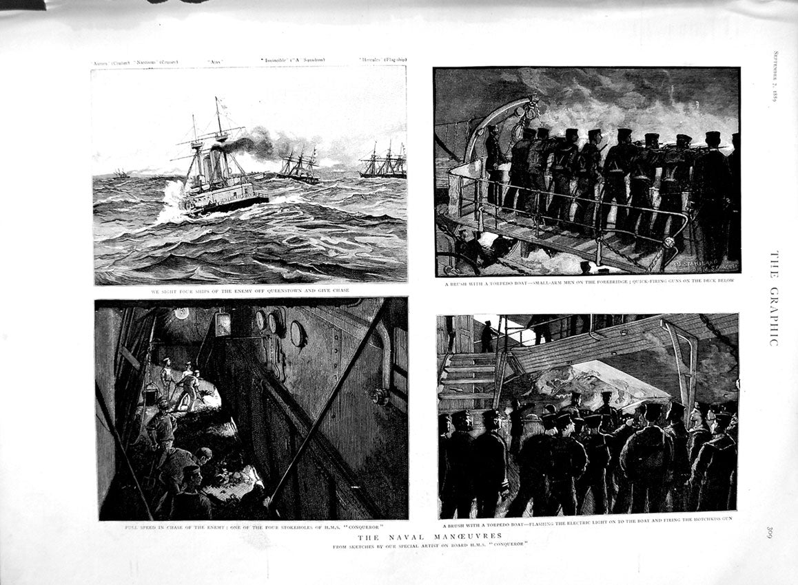 Original Old Antique Print 1889 Naval Manoeuvres Ship Conqueror Hotchkiss Gun