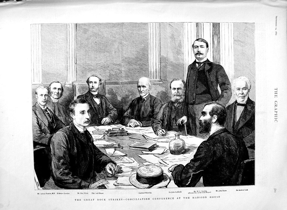 Old Antique Print 1889 Dock Strike Mansion House Lubbock Manning Buxton 19th