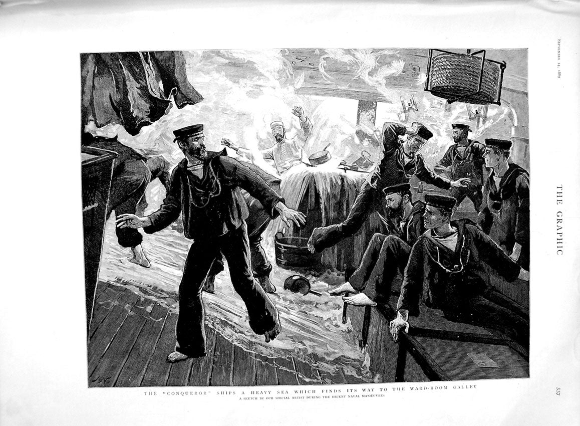 Original Old Antique Print 1889 Conqueror Ships Ward-Room Galley Sailors Navy