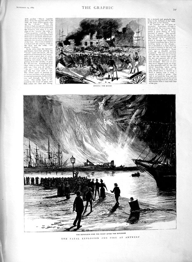 Old Antique Print 1889 Explosion Petroleum Fire Antwerp Explosion Ships 19th