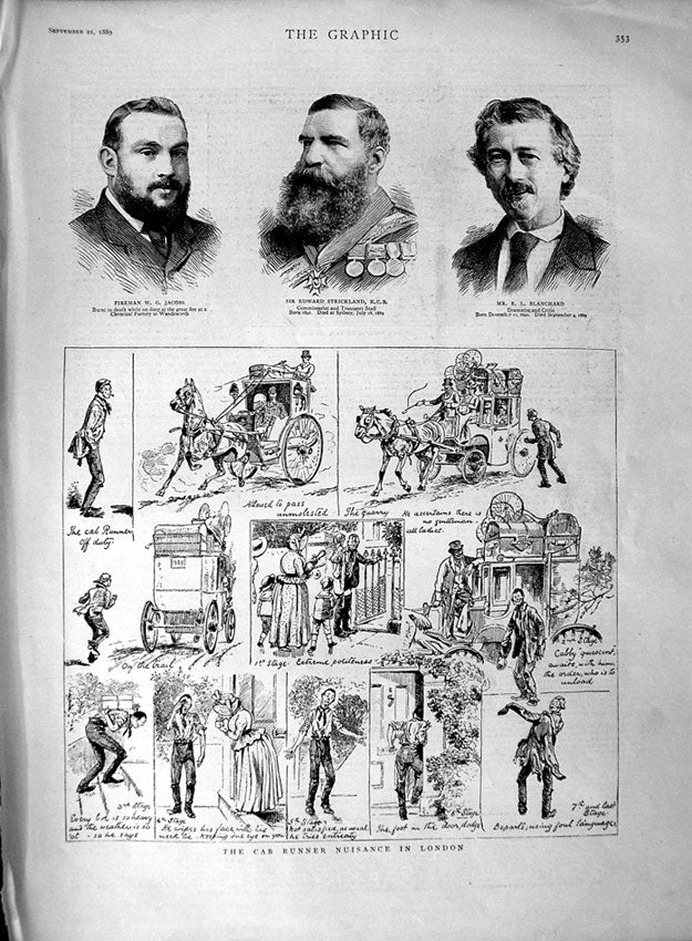 Original Old Antique Print 1889 Cab Runner London Jacobs Strickland Blanchard