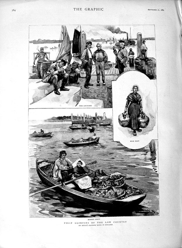 Old Antique Print 1889 Scene Country Holland Milk Maid Pier Market Boat 19th