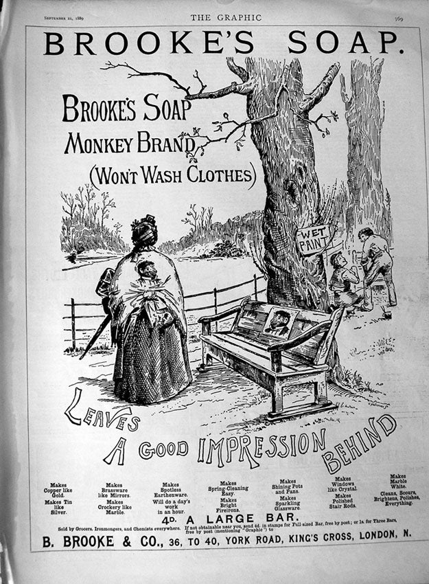 Original Old Antique Print 1889 Advertisement Brooke'S Monkey Brand Soap London