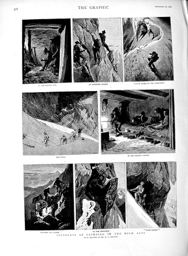 Original Old Antique Print 1889 Mountain Climbing Alps Grindelwald Schrundlein