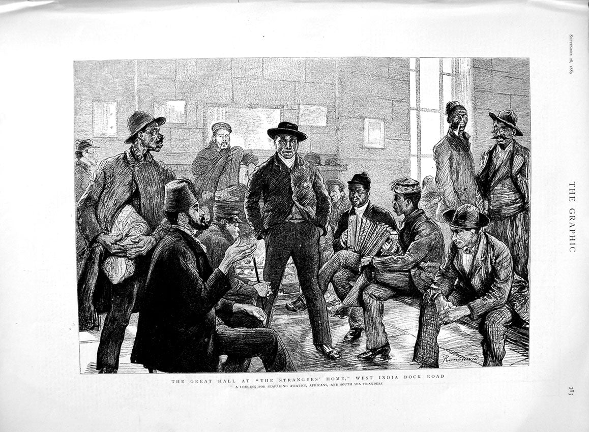 Old Antique Print 1889 Strangers Home India Dock Road Lodging Islanders 19th