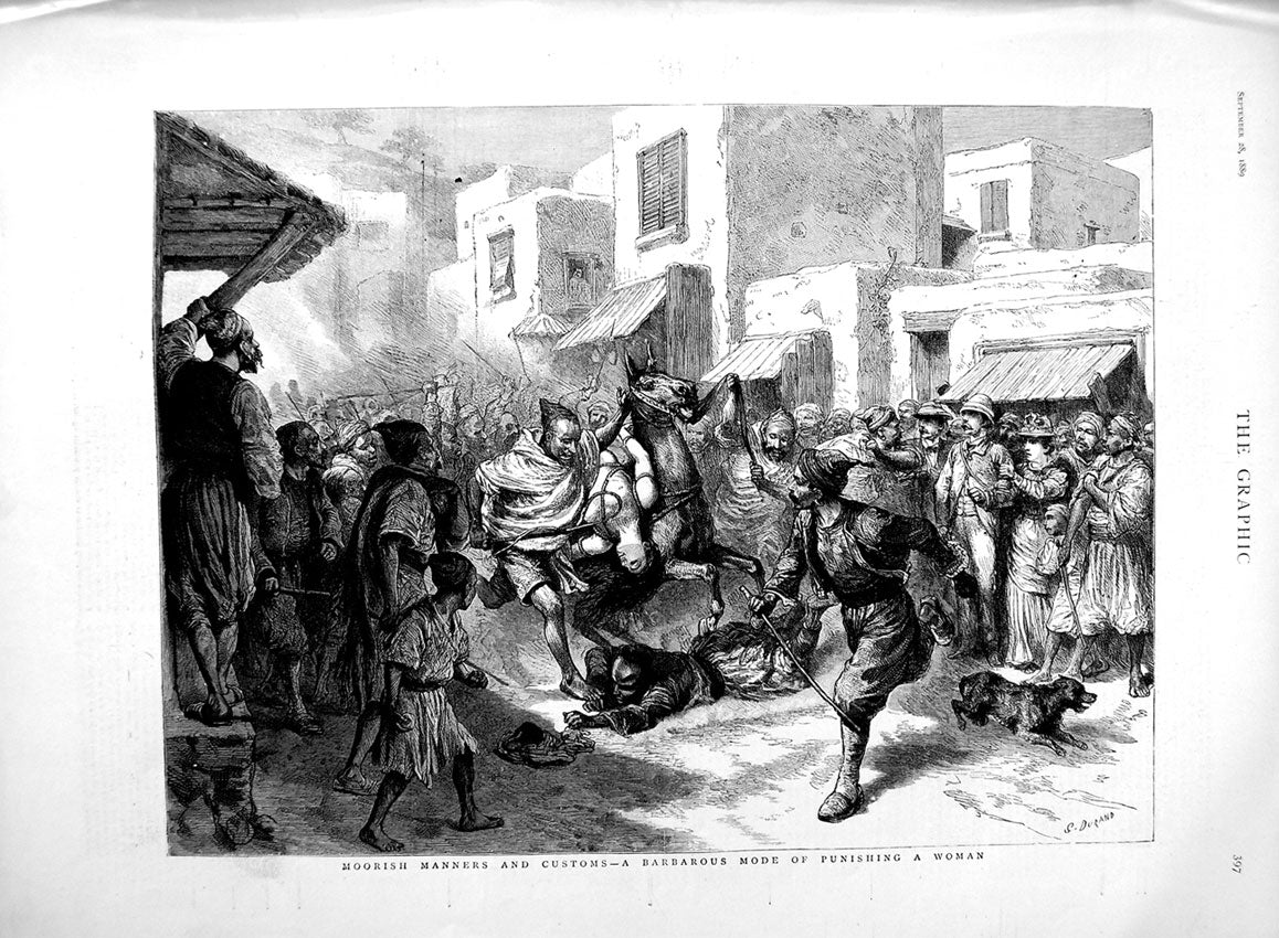 Old Antique Print 1889 Moorish Manners Customs Barbarous Punishing Woman 19th