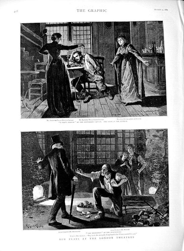 Original Old Antique Print 1889 New Plays London Theatre Haymarket Shaftesbury