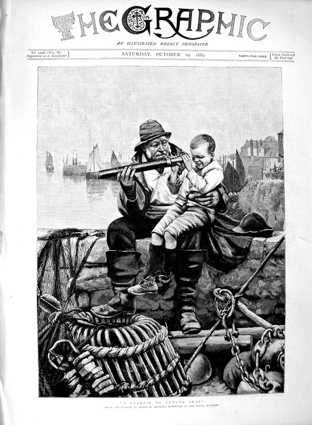 Original Old Antique Print 1889 Henry DetmFine Art Fisherman Young Boy 19th