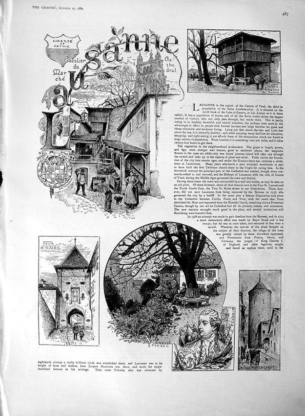 Original Old Antique Print 1889 Lausanne Cathedral Gibson Garden Chapel Pully