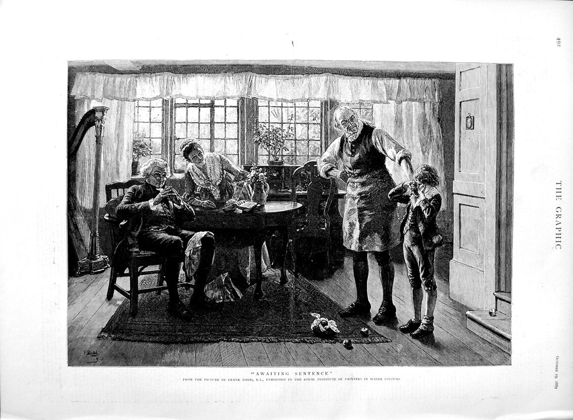 Original Old Antique Print 1889 Frank Dadd Fine Art Young Boy In Trouble Family