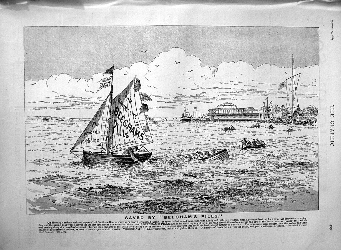 Old Antique Print 1889 Advertisement Beechams Pills Medicine Yacht Boats 19th