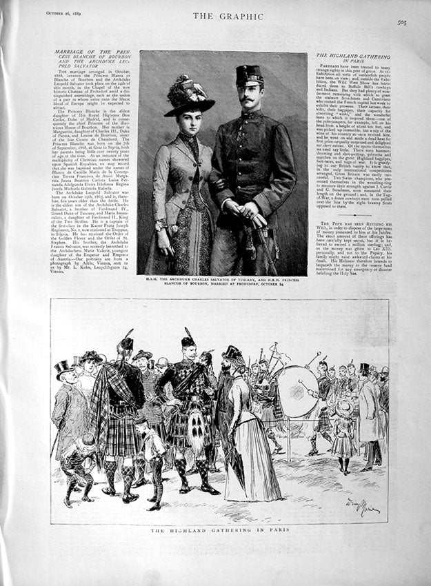Original Old Antique Print 1889 Highland Siers Paris Archduke Salvator Tuscany