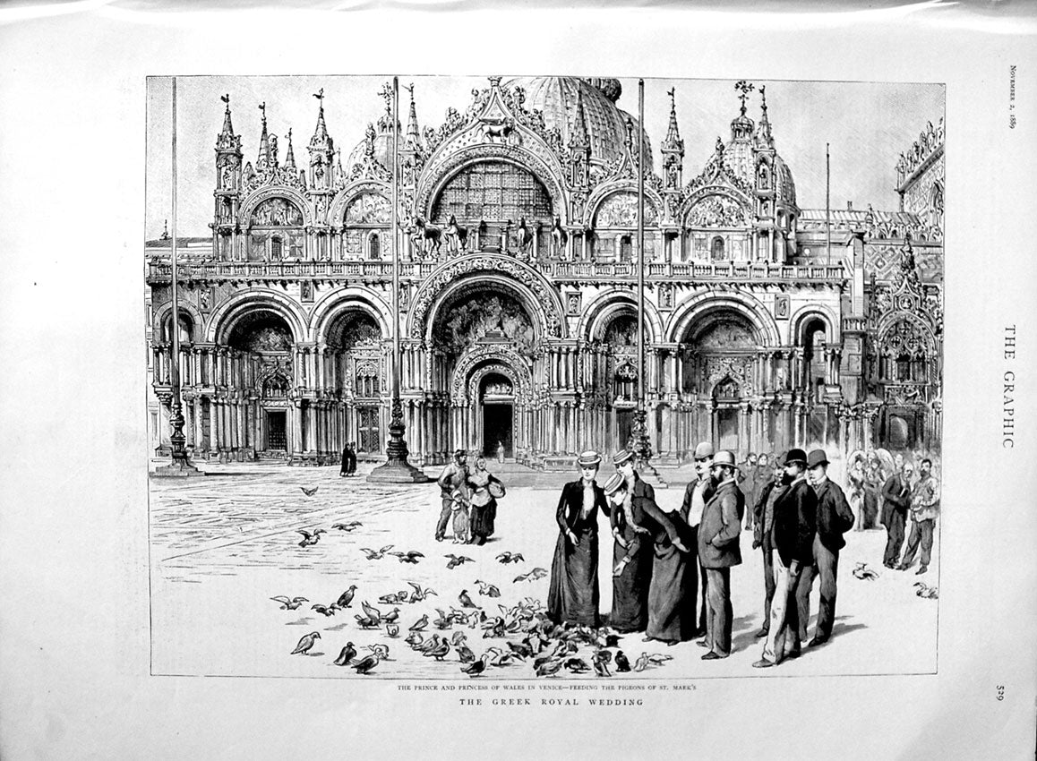 Old Antique Print 1889 Greek Royal Wedding Venice Feeding Pigeons Mark'S 19th