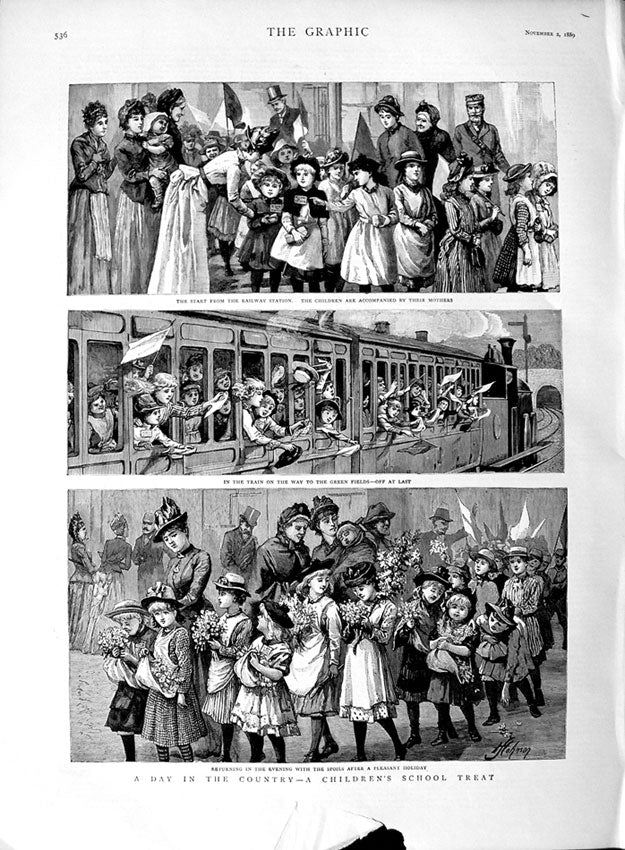 Original Old Antique Print 1889 Country Day Out School Children Railway Train