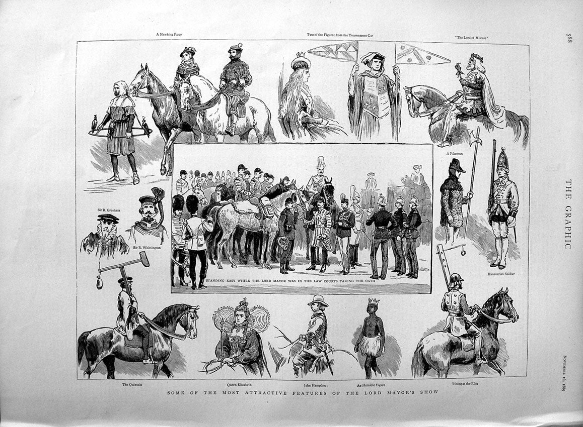 Original Old Antique Print 1889 Lord Mayors Show Queen Elizabeth John Hampden