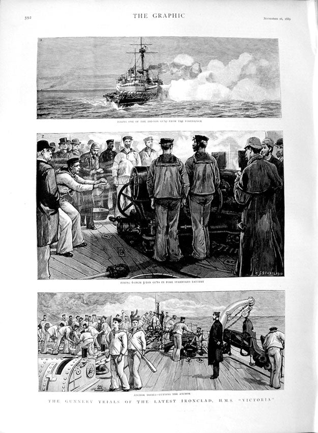 Old Antique Print 1889 Gunnery Trials Ironclad Ship H.M.S Victoria Sailor 19th