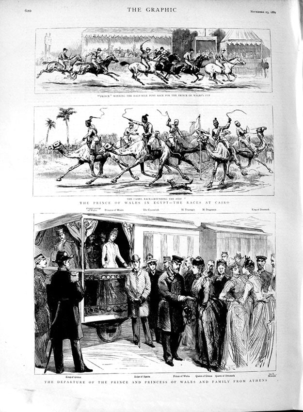 Original Old Antique Print 1889 Prince Wales Egypt Cairo Czarevitch Dragonnis